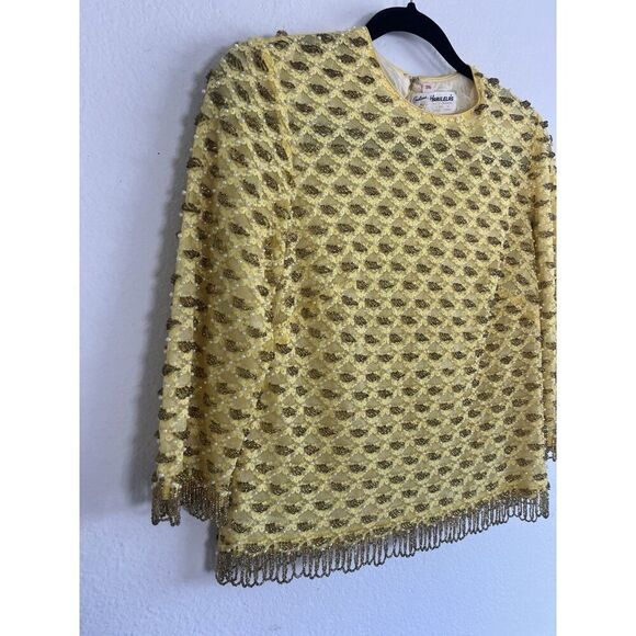 Creations by Harilela Vintage 60s Yellow Sequins Top 36 Lambswool Beaded Fringe - Picture 6 of 12